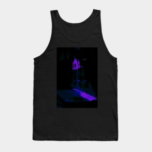 Special processing. Person walking at night, on dark street, with stone walls. Blue. Tank Top